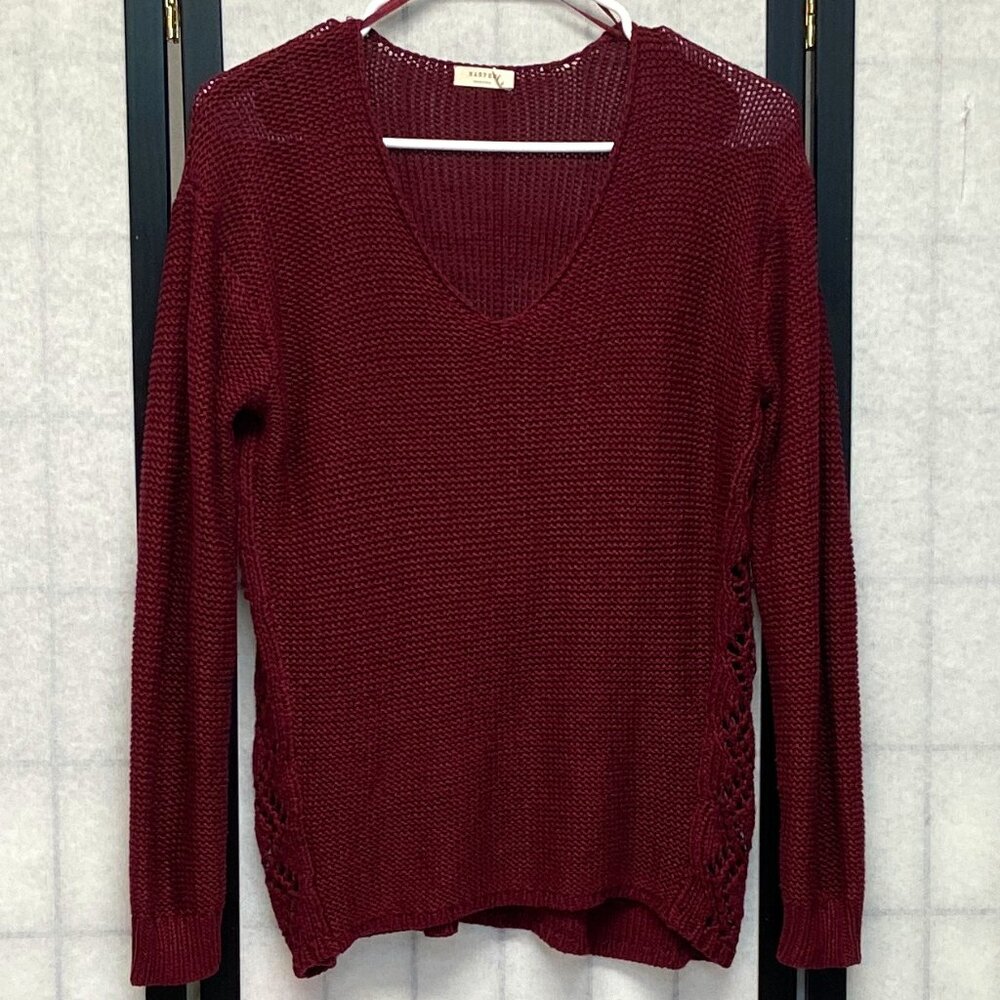 Harper Heritage Burgundy V Neck Knit Openwork Side Sweater S Hi Low Long Sleeve
